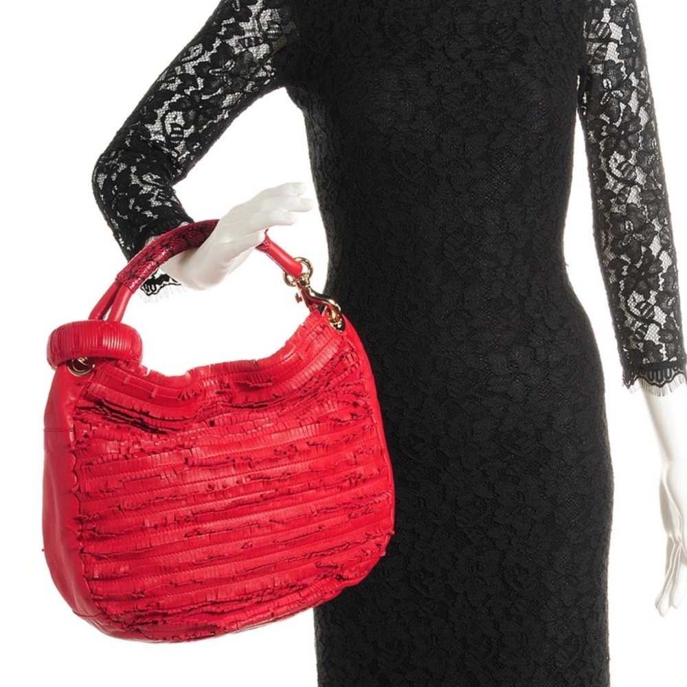Jimmy Choo Red Suede Leather and Snakeskin Fringe Hobo Shoulder Bag